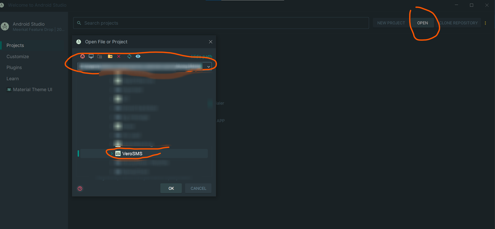 Select project folder in Android Studio