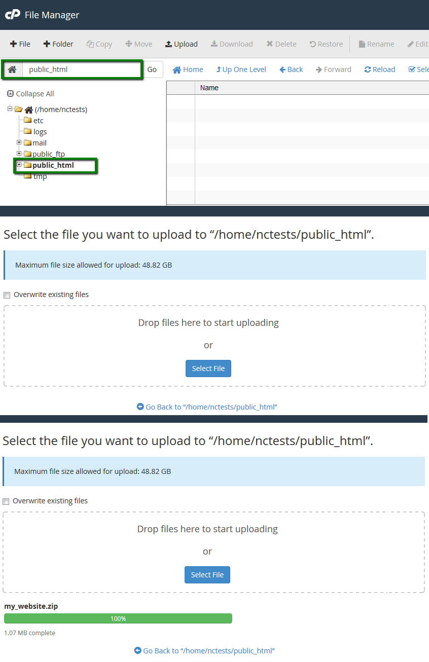 Uploading files in cPanel